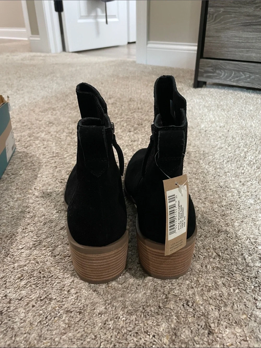 TOMS Black Suede Ankle Booties with Stacked Wood Heel